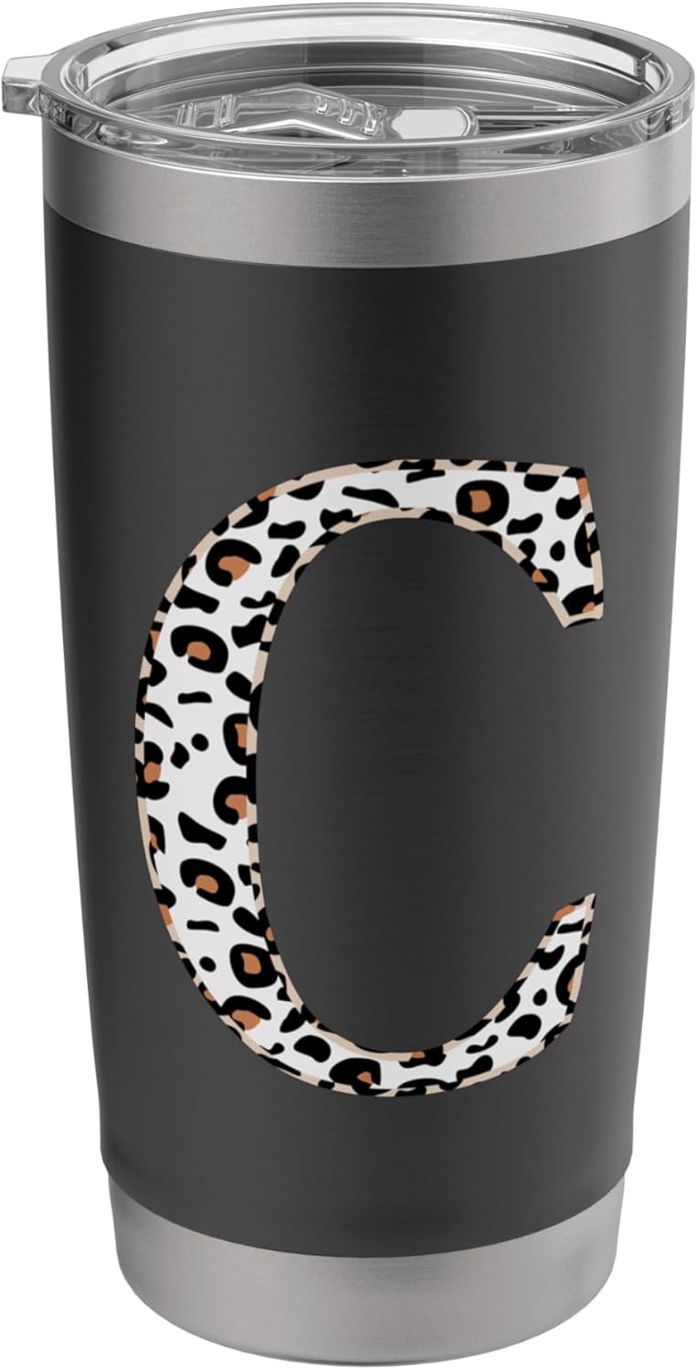 Letter C, White Leopard Animal Print, Monogram Initial Stainless Steel Insulated Tumbler