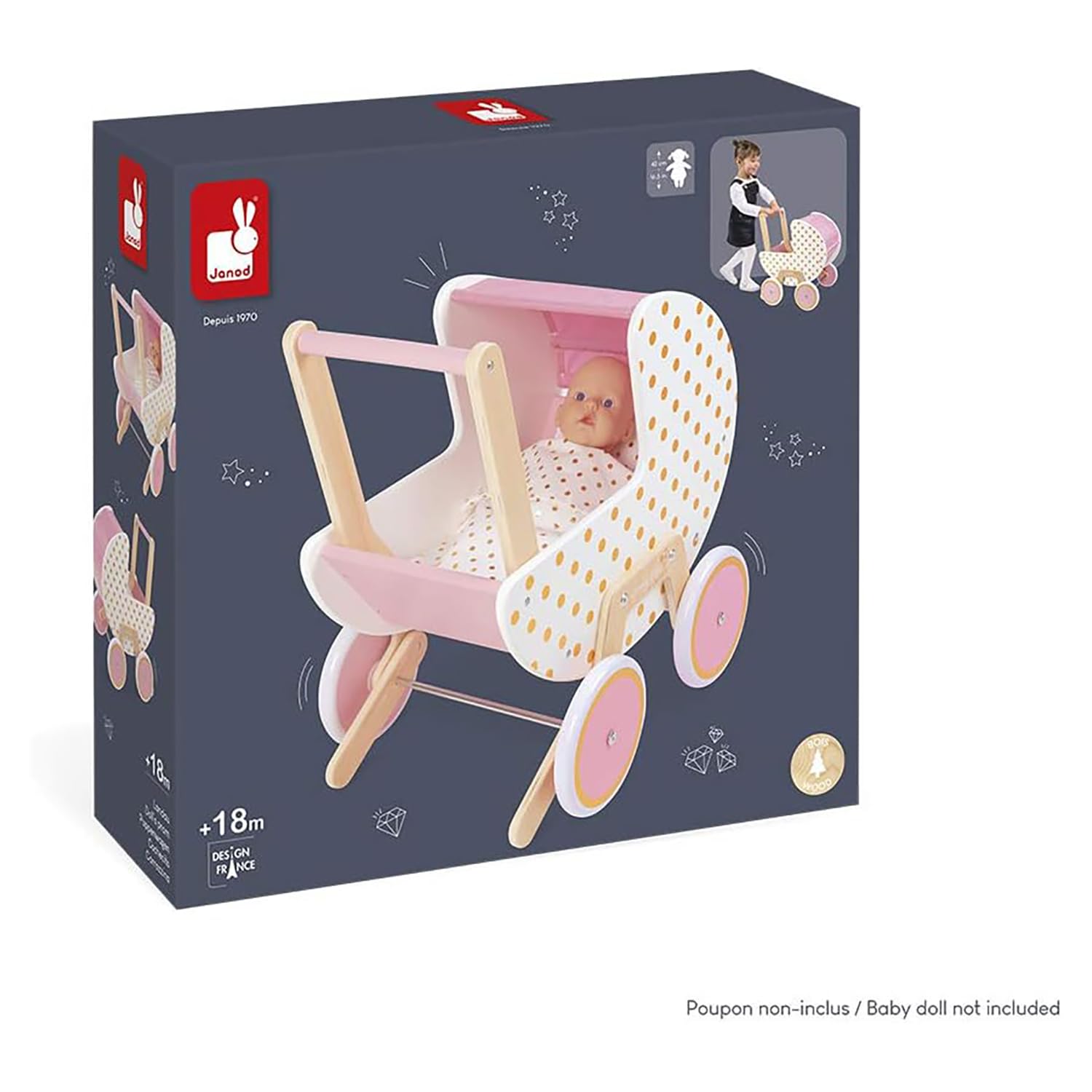 Janod - Holz Puppenwagen ‘Candy Chic’ - Kinderwagen mit Kissen und Decke - Abnehmbares Kippschutz System - Leise Gummiräder- Mit Babyzubehör - Ab 18 Monaten, J05886