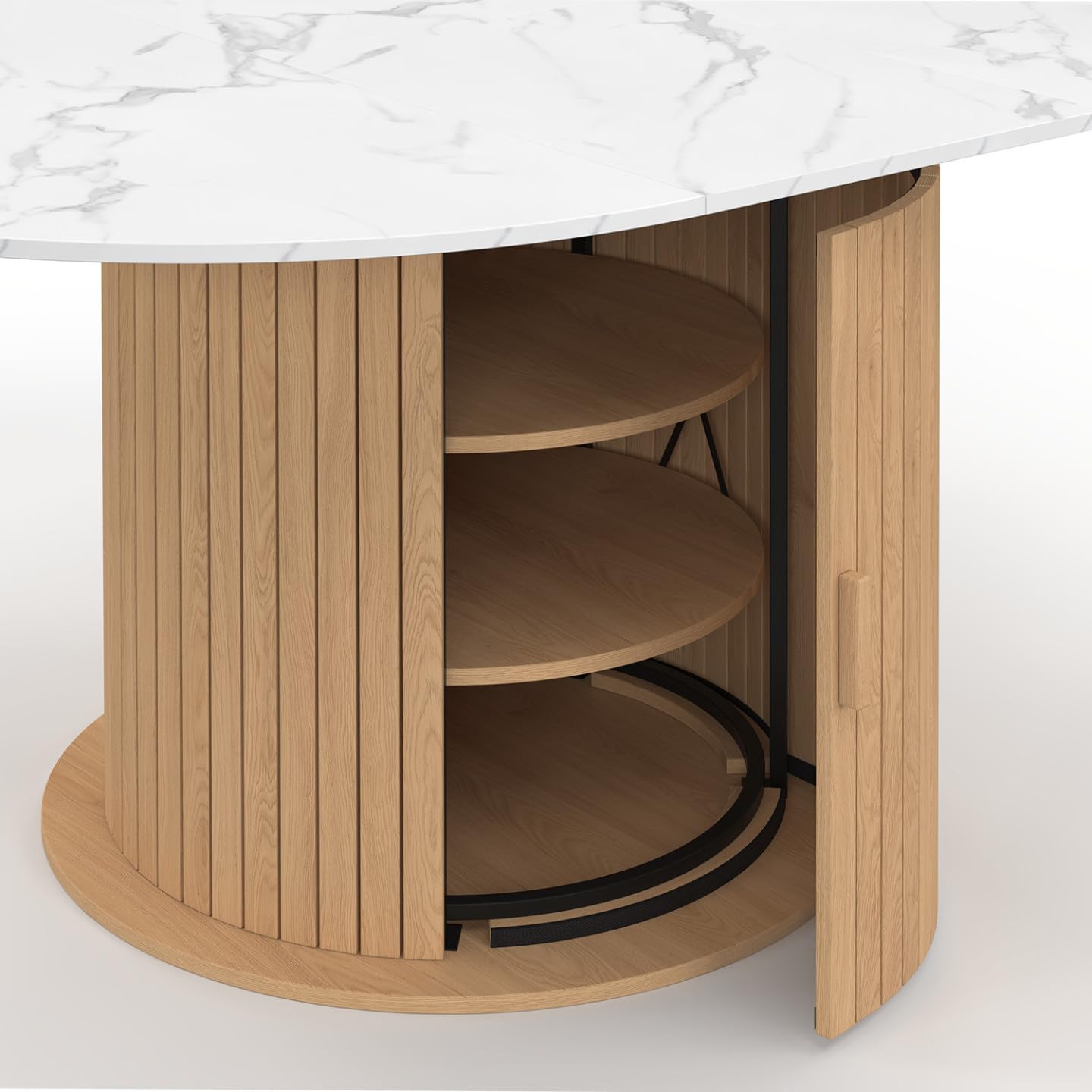 IDMarket - Table à Manger Extensible Ronde Juliette 4-8 Personnes Pied Lattes avec Rangement et Plateau Effet marbre Blanc 110-150 cm