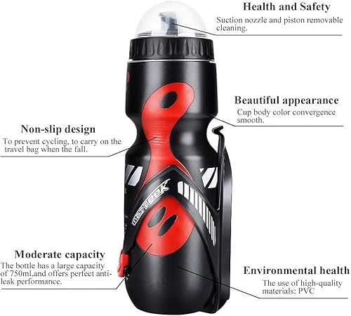 Miniatura 8 de Botella de agua para bicicleta, botella de agua deportiva de 22.0 fl oz con soporte de jaula para bicicleta de montaña (negro)