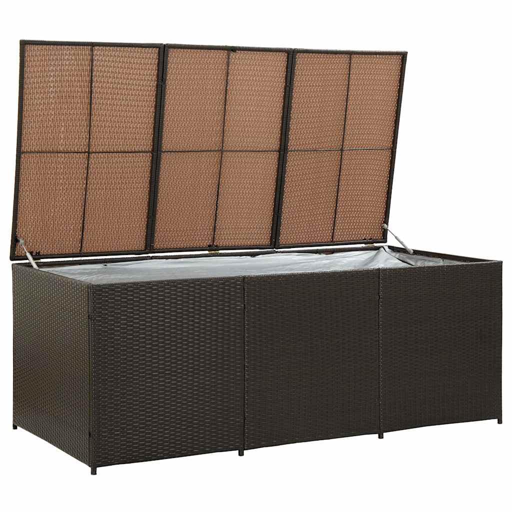 Baúl de almacenaje de polirratán 180 x 90 x 70 cm, color marrón, con tapa y muelle de gas para cojines de muebles de jardín, cojines y accesorios