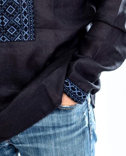 Vista 5 de Rushnichok Vyshyvanka Hombres - Camisa azul negra ucraniana - sorochka -Ukraine Shirt