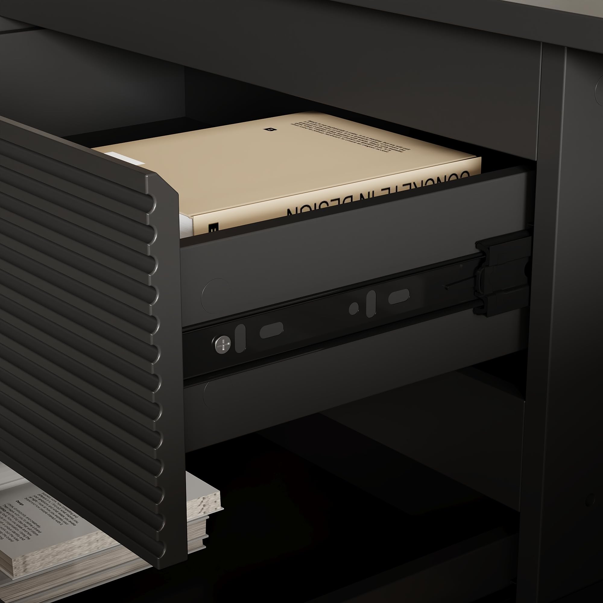 Elegante aparador negro – 160 x 40 x 80 cm – Cómoda con 3 cajones y 2 puertas – Diseño moderno para salón, comedor o pasillo – Elegante espacio de almacenamiento con carácter