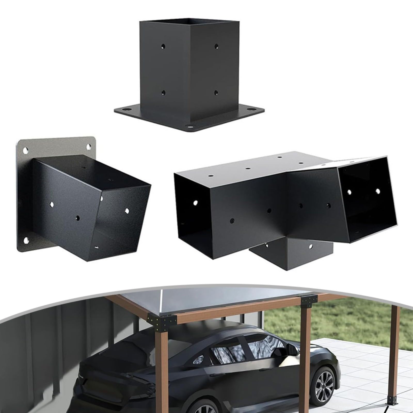 Kit di Montaggio a Parete per Staffe Pergola con Tetto Inclinato in Acciaio con Ferramenta per Pali da 10,2 x 10,2 cm Nero Supporto Gazebo Portico Esterno 3 Vie Unidirezionale (Sinistra 15°+