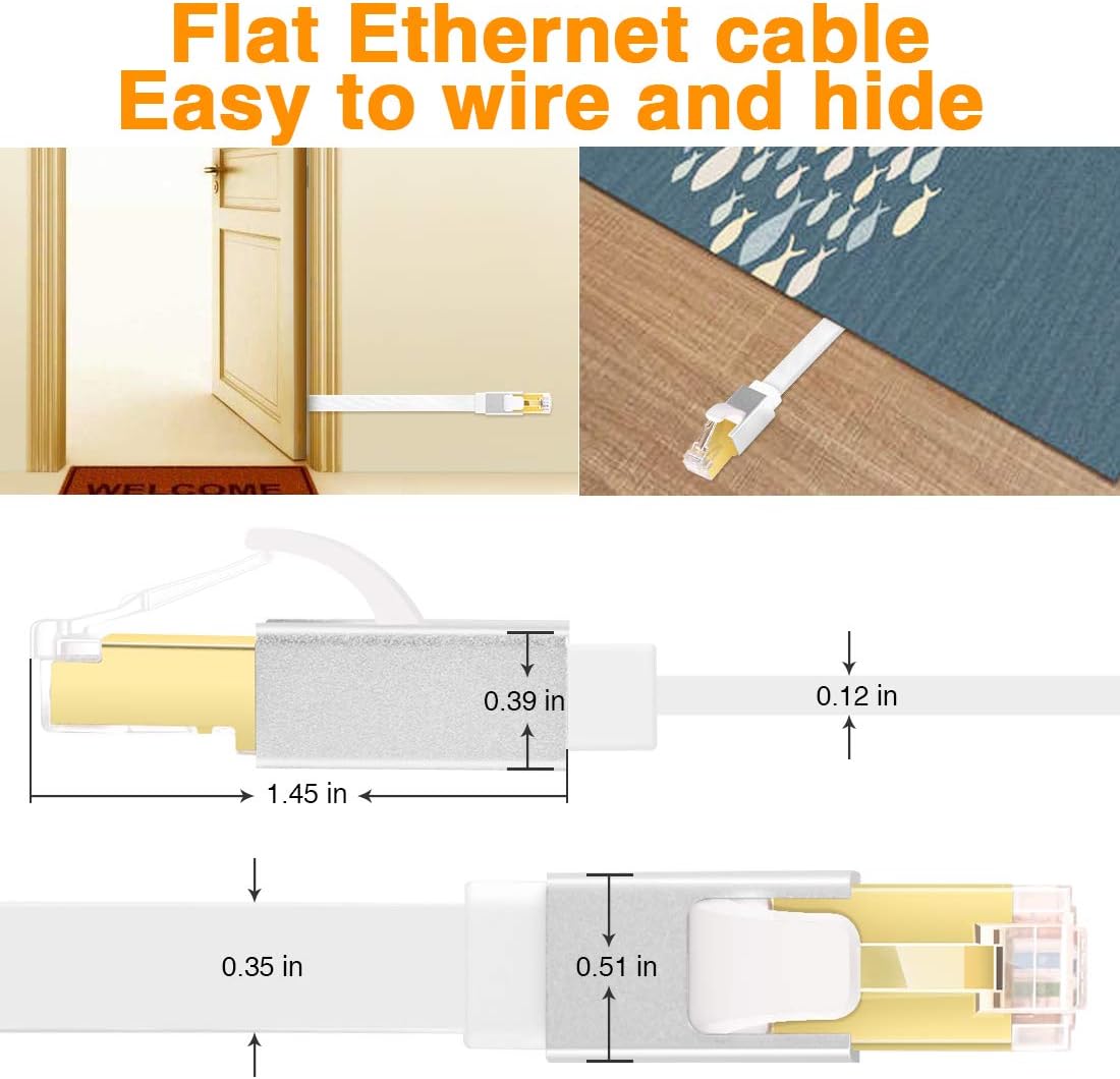 GLANICS Ethernet Cable 3ft, Cat 8 Network Internet Cable, Flat LAN Cord PoE with RJ45 Connector for Modems, Routers, Switches, Gaming, Network Adapters, PS5, PS4, PC, Laptop, Desktop (White)