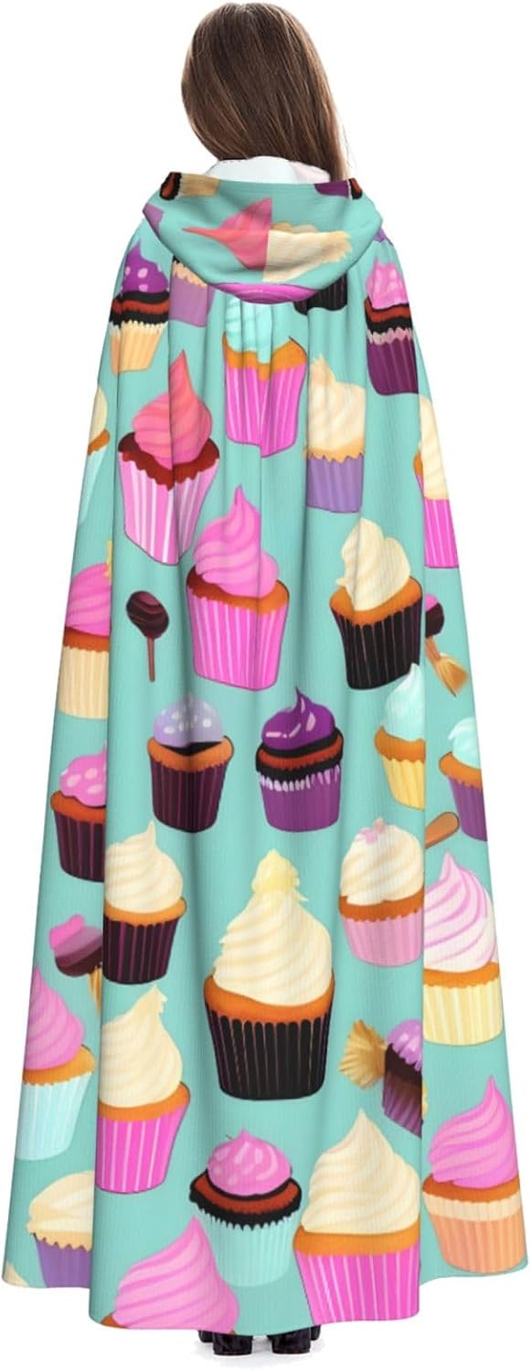 Cupcake Pattern print Hooded Robe Cloak for Adult Halloween Wizard Vampire Cosplay Costume Fancy Cool Cape