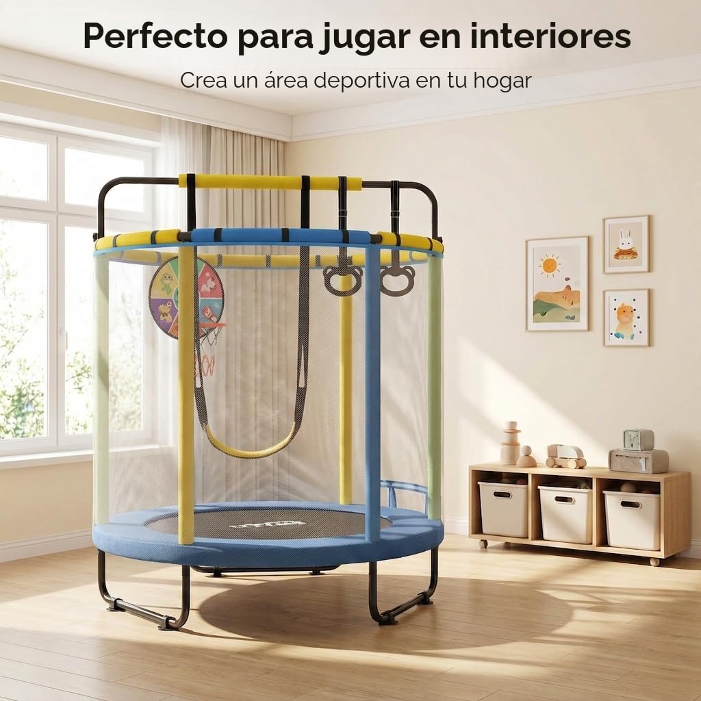 Trampolín infantil para niños, trampolín de interior para niños, con canasta de baloncesto, columpio, anillo de tracción, adecuado para interiores y exteriores, adecuado para niños, regalos de