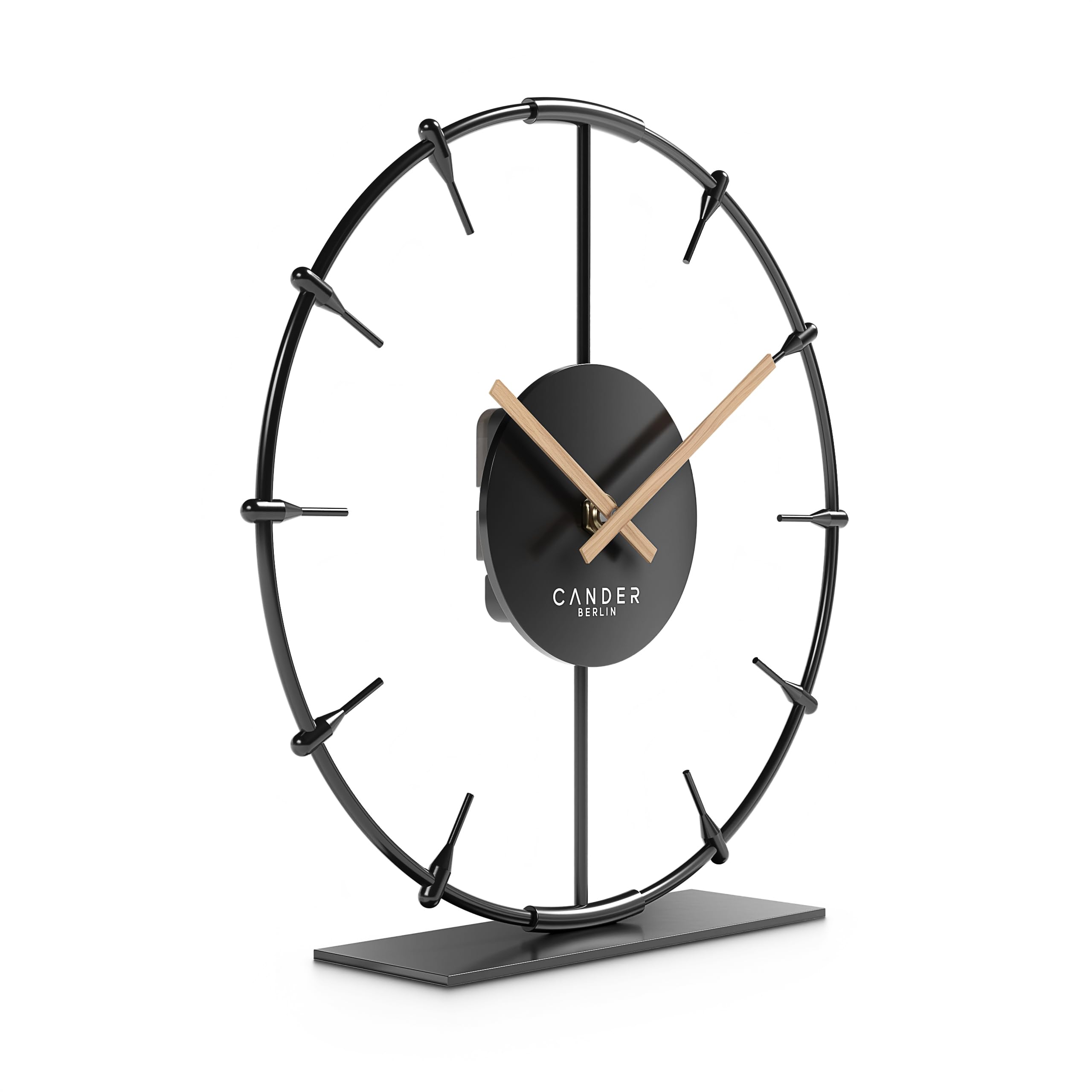 Cander Berlin Ilmera Reloj de mesa silencioso de 22 cm, metal, manecillas de madera, sin ruido de tictac, moderno, negro, salón, cocina, vintage