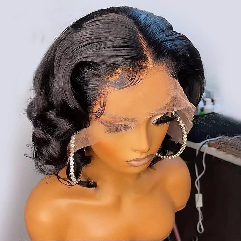 13x6 Deep Part Wave Bob Wig - HD Transparent Lace Front Human Hair Wig, Pre Plucked Brazilian Remy, 150% Density, 10Inch, Wavy, Black, Natural Color,