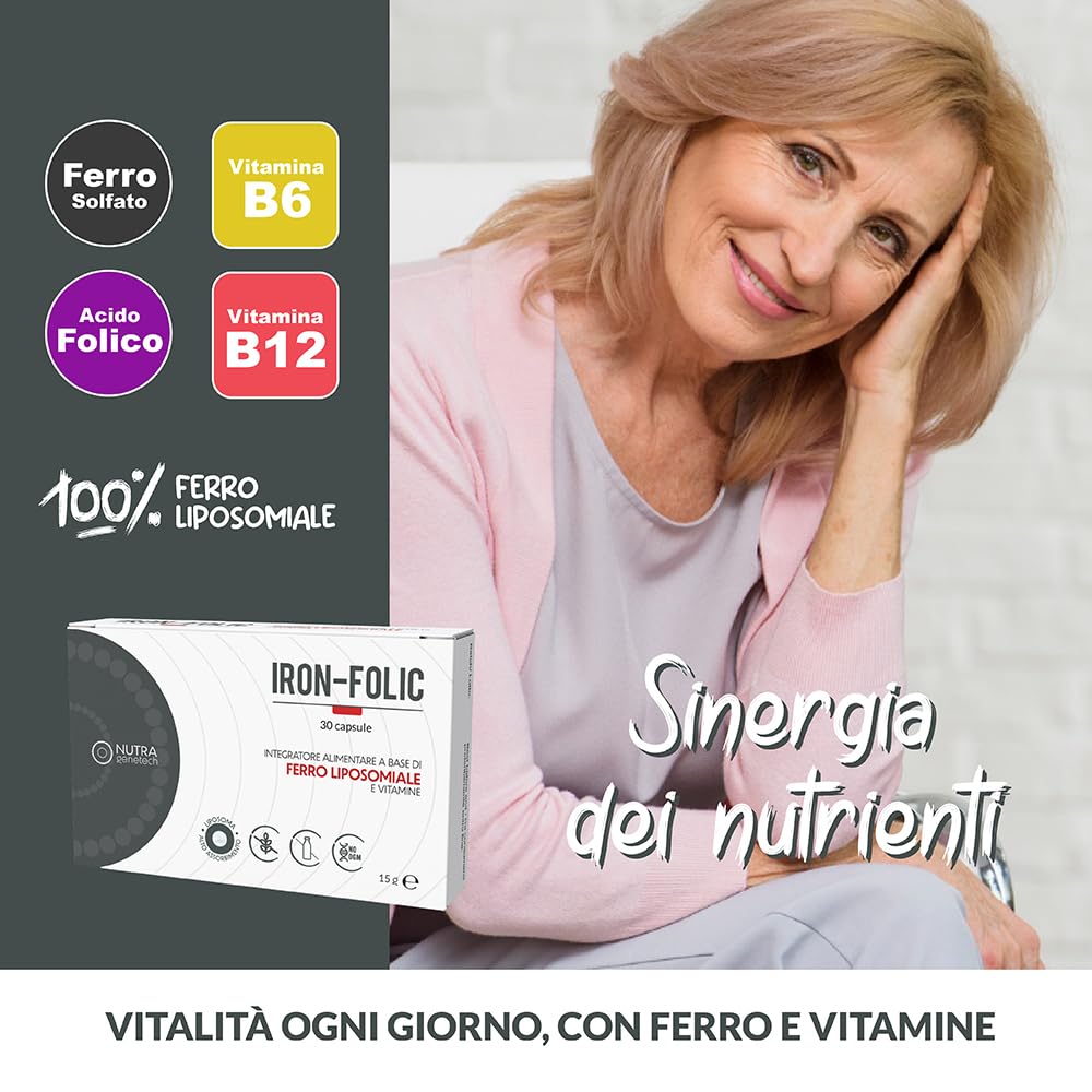 Iron-Folic – Integratore alimentare con Ferro Liposomiale (30 mg/cps.), Acido Folico, Vit. B6 e B12 – Contribuisce alla normale formazione dei globuli rossi e alla riduzione della stanchezza – 30 caps