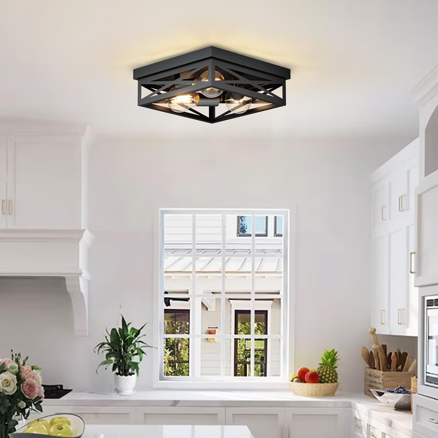 LVWIT Luminaires Intérieur Plafonnier Noir, Plafonnier LED Cuisine, 30CM Éclairage de Plafond 3 Luminaires Carré, E27 Lampes de plafond Pour Chambre, Couloir, Restaurant (Ampoule non incluse)