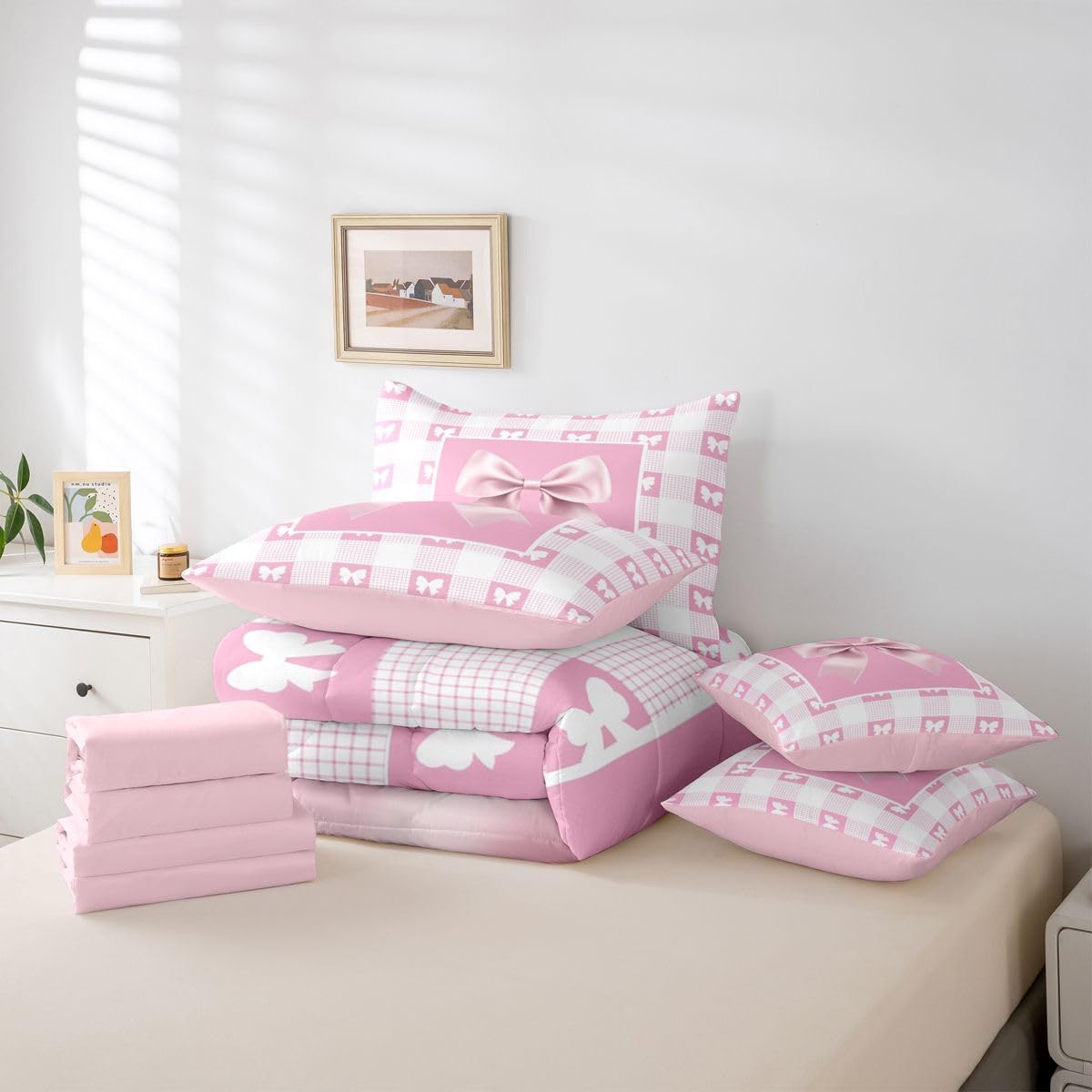 Feelyou Pink Ribbon Bow 7 Piece Bedding Set for Kids