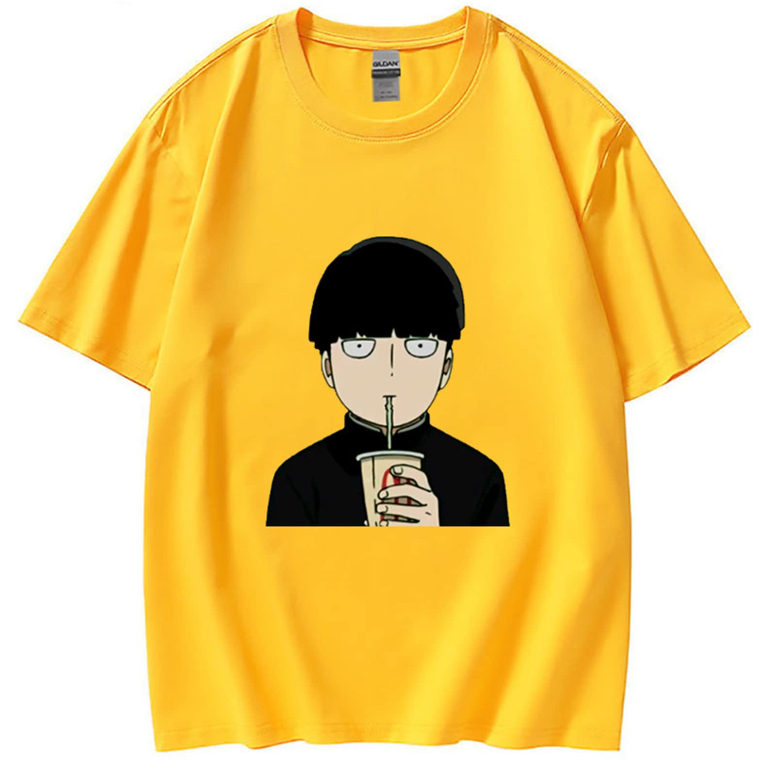 Keephen Women's Yellow Kageyama Shigeo Mob Psycho 100 T-Shirt Unisex Japanese Anime Shigeo Kageyama Printed Harajuku Casual Top Mob Psycho 100 Cosplay Costume Short Sleeve Pullover Tee Shirt