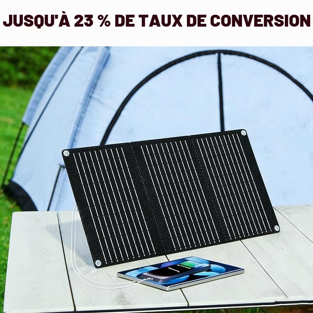 Panneau Solaire Portable 30W IP65 Étanche, Chargeur Solaire Pliable pour Station d'Énergie avec QC3.0 USB et Sortie DC 18V, Rendement 23%, pour Camping Plein Air Maison Camping-Car