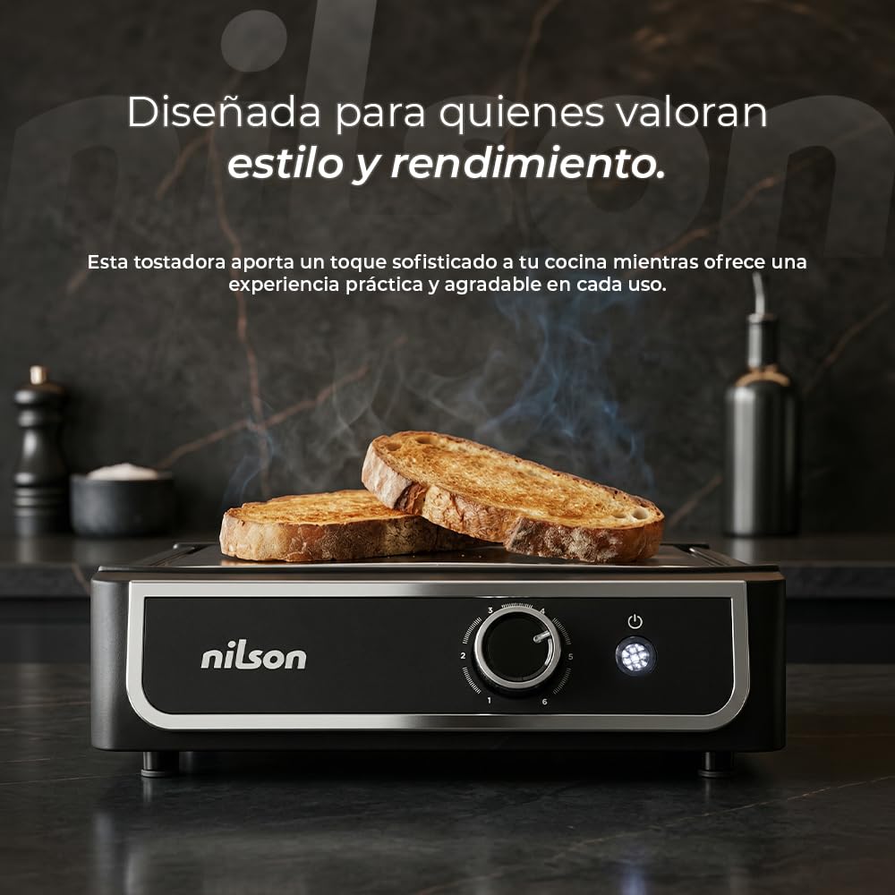Tostador Plano de Pan, Horizontal, 1000 W, 6 Niveles de Tostado, Control Manual, Temporizador Digital, Tuesta y Cancela, Bandeja Recogemigas, Fácil Limpieza, NTS1000FL4, Cable 75 cm, Inox