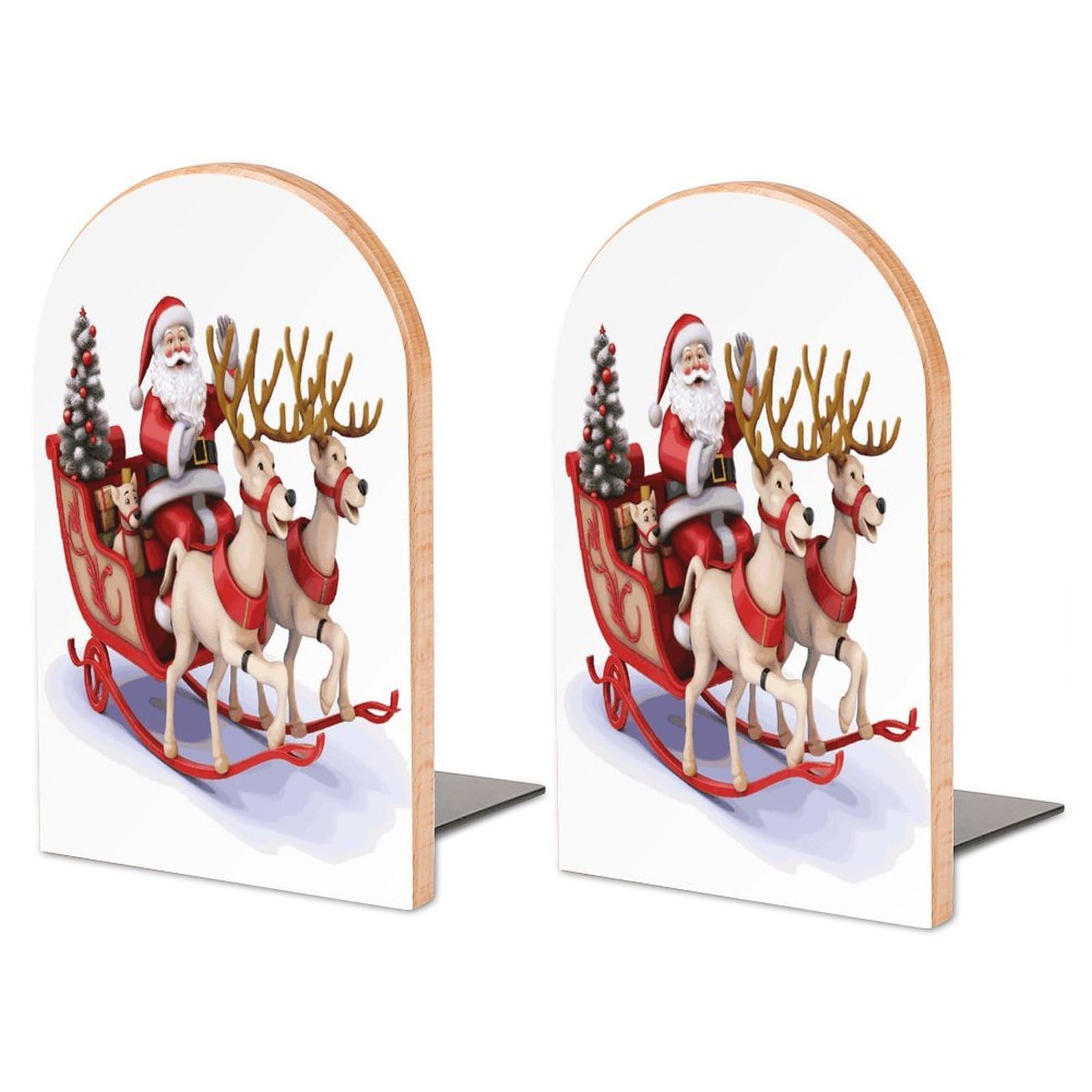 Large Santa Claus Reindeer Sled Book End with Metal Base Fashion Heavy Duty Bookend Exquisite Wooden Bookends Non-Skid Book Stopper for Shelves Books Organizer for Office Home 1 Pair