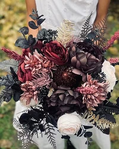 Miniatura 6 de Laelfe 6 tallos de eucalipto artificiales negros, ramas de hojas de eucalipto artificiales negras de 14 pulgadas, tallos de eucalipto negro falso