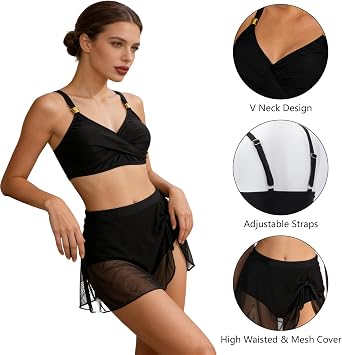 Women's High Waisted Bikini Set Two Pieces Swimsuits V Neck Tummy Control Bathing Suits with Cover Up for Ladies