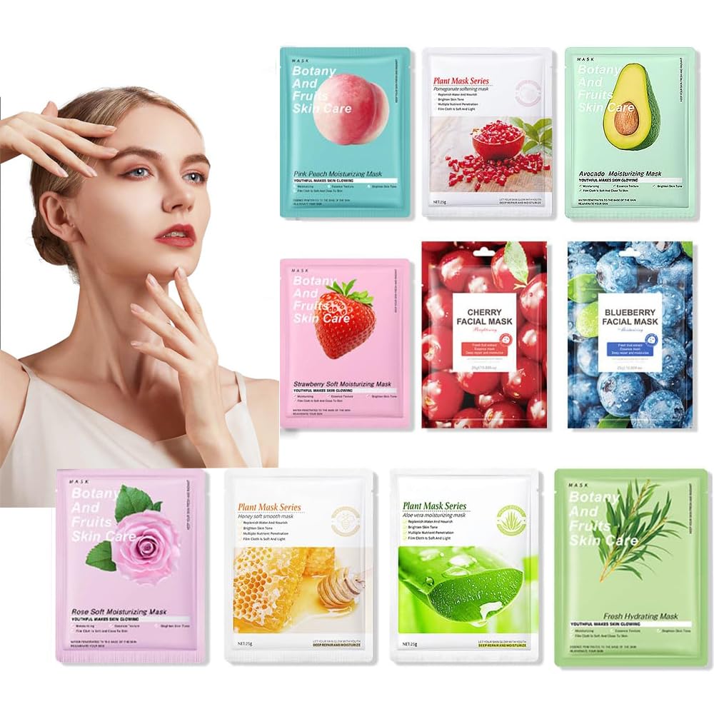 10 Pcs Fruit & Plant Mask Set, Spa Party Skincare Face Mask, Korean Facial Mask Set, Moisturize, Brighten and Nourish for All Skin Types (Set-B)