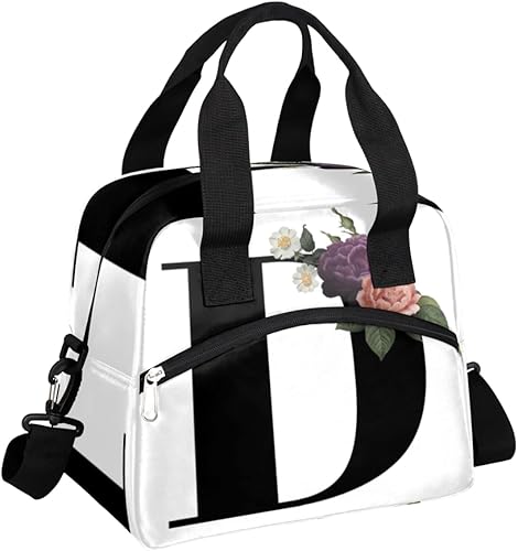 Bolsa de almuerzo aislada para mujeres y hombres, con letras D florales, grande, reutilizable, a prueba de fugas, bolsa de almuerzo con correa