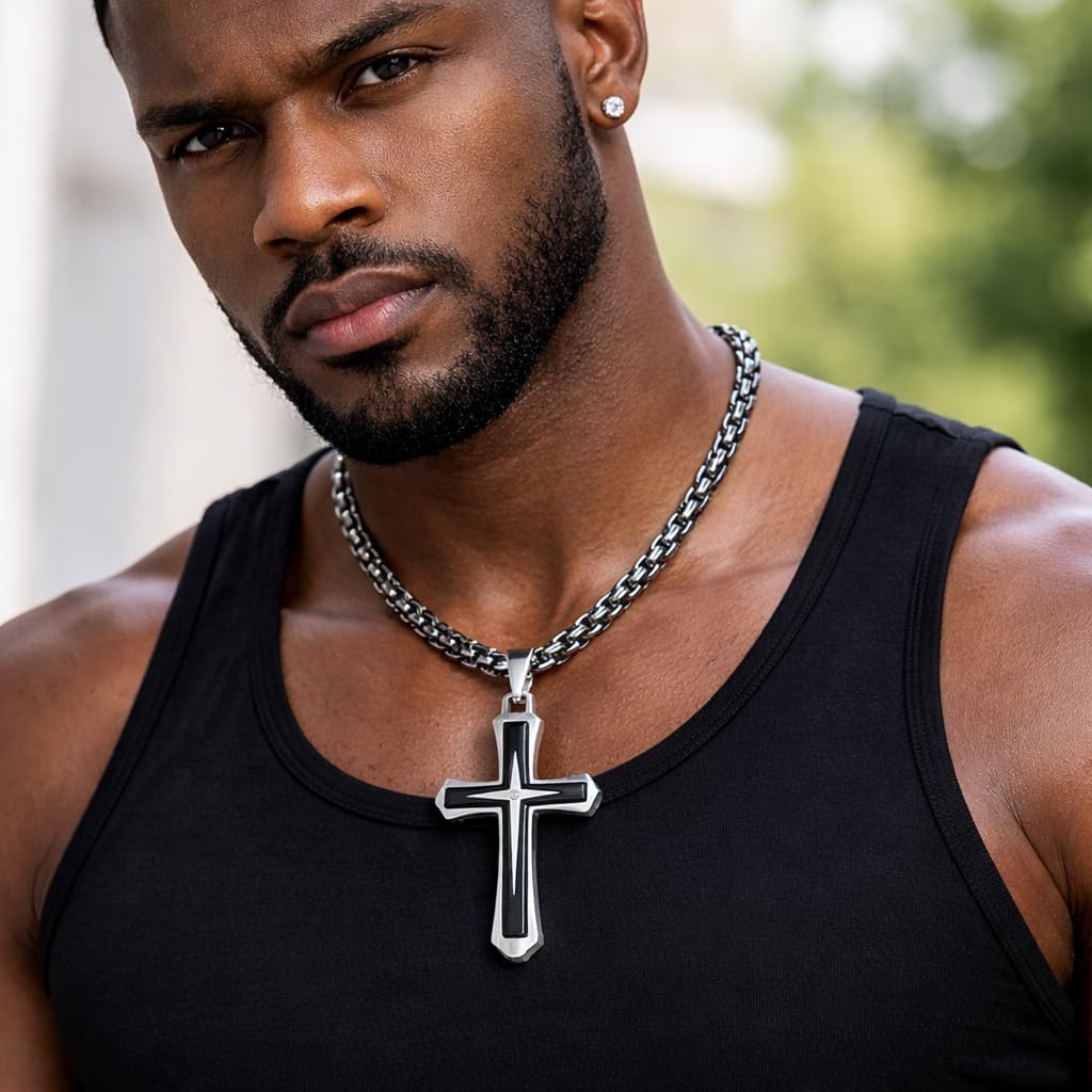 Black Gold Cross Necklace for Men with Cross Pendant Necklace 22 – 30 Inch, Steel Cross Chain for Women & Men, Black Cross Necklace for Men, Mens Necklaces with Small Diamonds (Silver), Don Toretto Stainless Steel, Ozzy Osbourne Cross Necklace - Image 3