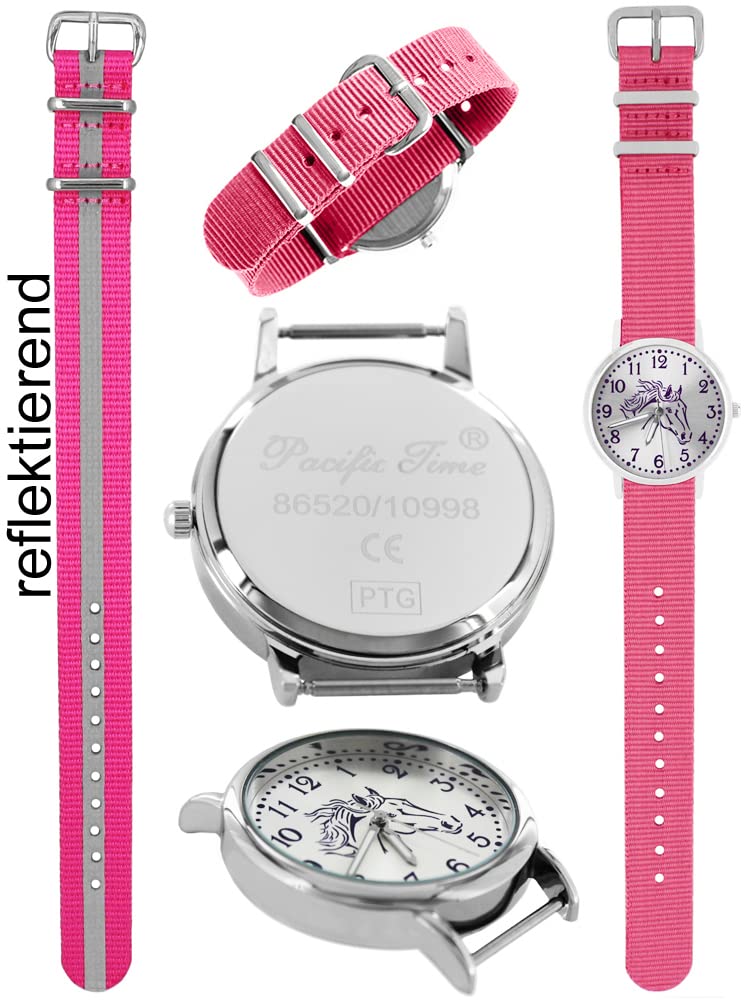Pacific Time Kinderuhr Mädchen Pferdeuhr Geschenk-Set Rosa 2 Armbänder | Geschenk für Mädchen: Pferdeuhr mit violettem Pferdekopf, 2 Armbänder, 5 ATM wasserdicht, günstiger als Einzelkauf