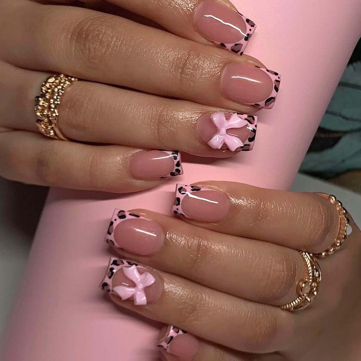 Leopard French Tip Press on Nails Short Square Fake Nails Pink Nail Press ons with Bow Nail Charms Designs,Reusable & Easy Apply Full Cover Stick on