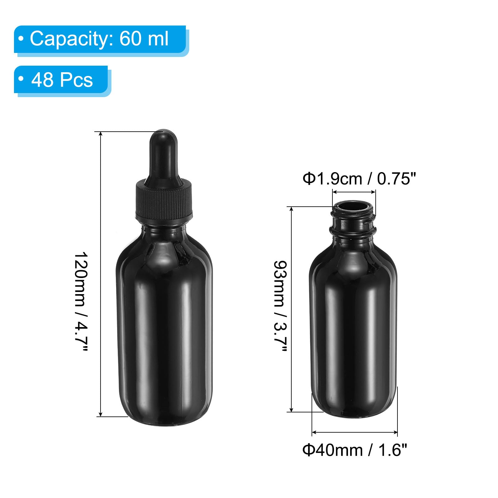 PATIKIL 60ml Glas-Tropfflasche 48 Stück Dicht Ätherische Öle testen Flüssigkeit Parfüm Behälter Mit Pipette Für Aufbewahrung Zuhause Reisen Schwarz