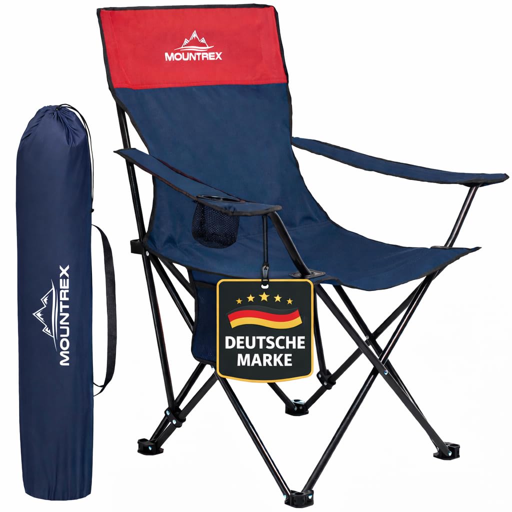 MOUNTREX Campingstuhl Faltbar (bis 120kg) - Klappstuhl mit Verstellbare Armlehne - Anglerstuhl, Strandstuhl - Klappbar, Kompakt & Leicht - Camping Stuhl Inkl. Getränkehalter und Tasche