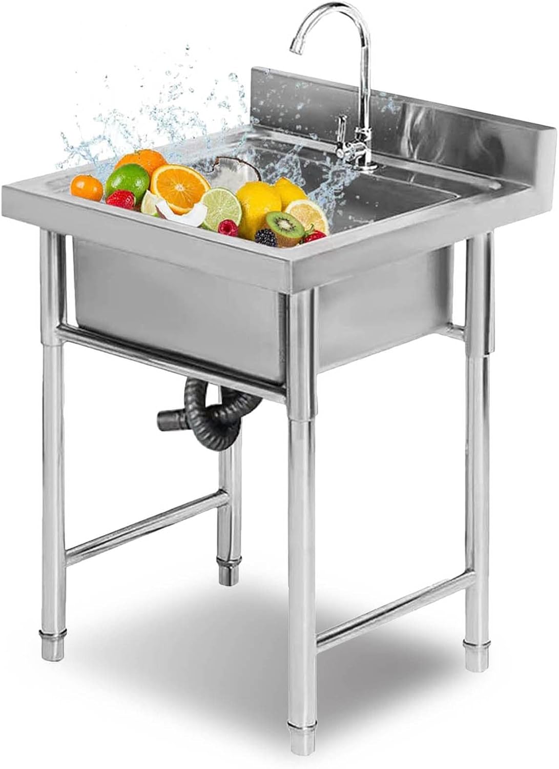 Utility Sink Laundry Tub with Faucet, Single Bowl Stainless Steel Commercial Kitchen Sink 1 Compartment Free Standing Heavy Duty Slop Sinks for Basement, Garage or Shop