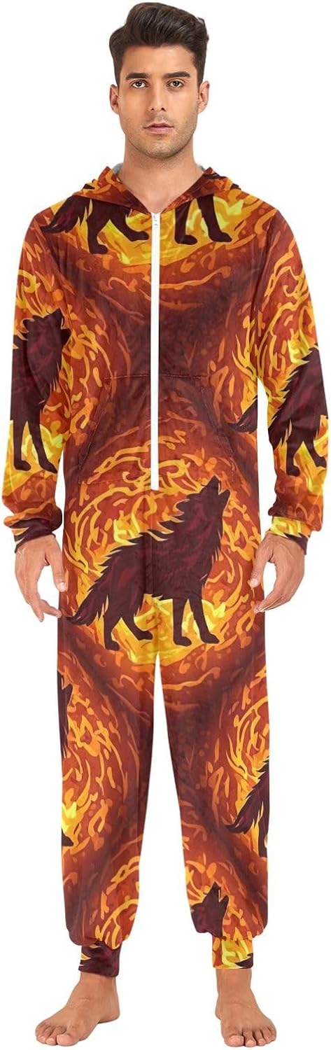 Howling Wolf Adult Onesie Pajamas, Soft Fleece One Piece Christmas Costume for Men Women
