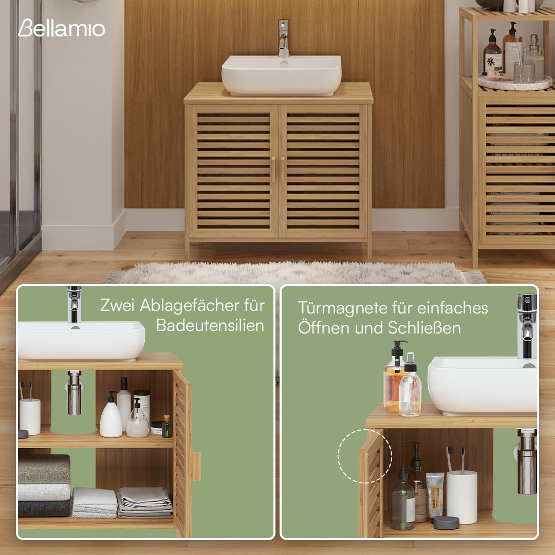 Bellamio Newa Waschbeckenunterschrank Bambus – Badezimmer Unterschrank für Waschbecken mit 2 Türen – Badunterschrank mit 2 Fächern – Waschtischunterschrank Bad 60x65x33 cm