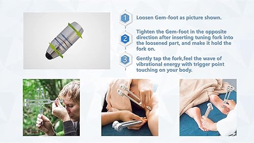 Miniatura 5 de Ckakra Paquete de 2 diapasones ponderados con pies de piedras preciosas naturales para curación corporal, martillo activador para diapasón,