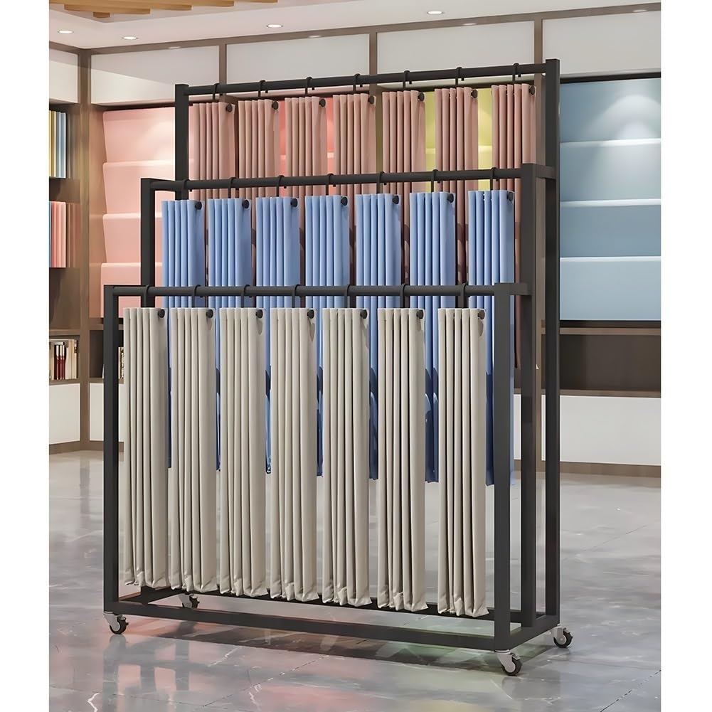 Movable Floor Standing Iron Scarf Display Rack, Fabric Sample Hanging Storage Organzier with Wheels, Trousers Carpet Multi-layer Storage Display Rack, for Boutique Display(Black,150x40x150cm)