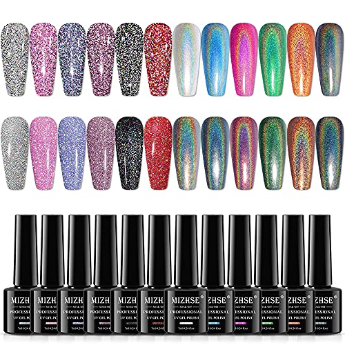 MIZHSE Holographic Gel Polish Set, Reflective Glitter Gel Polish, Laser Gel Polish, Galaxy Gloss Nail Lacquer Iridescent Glitter Gel Nail Polish, Nail Art Nail Pigment Curing Required Unicorn Mirror Laser Effect Nail Gel for Salon Home Manicure-12pcs