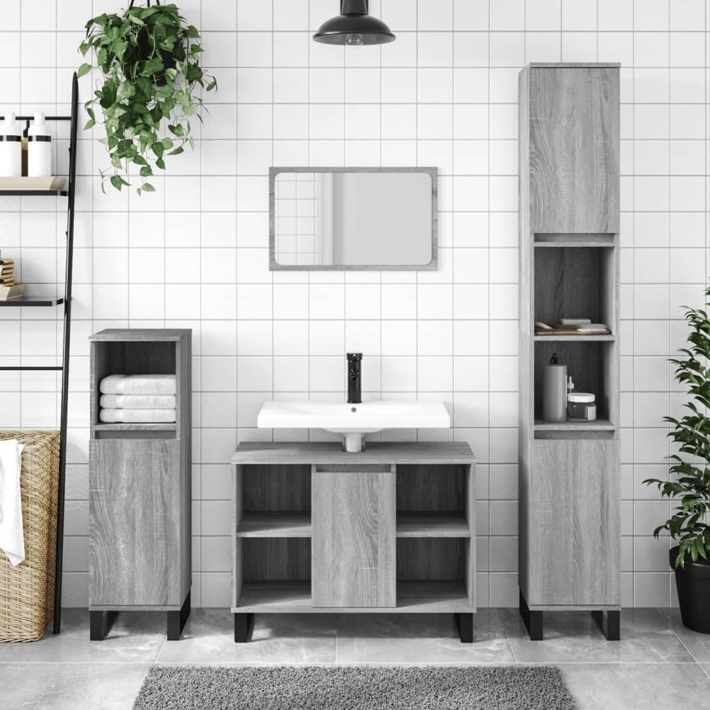 Set di mobili da bagno in legno Sonoma grigio, 3 pezzi, con mobiletto per lavabo, armadietto alto, armadietto a specchio, cassetto, scaffale, salvaspazio, per bagno e WC degli ospiti