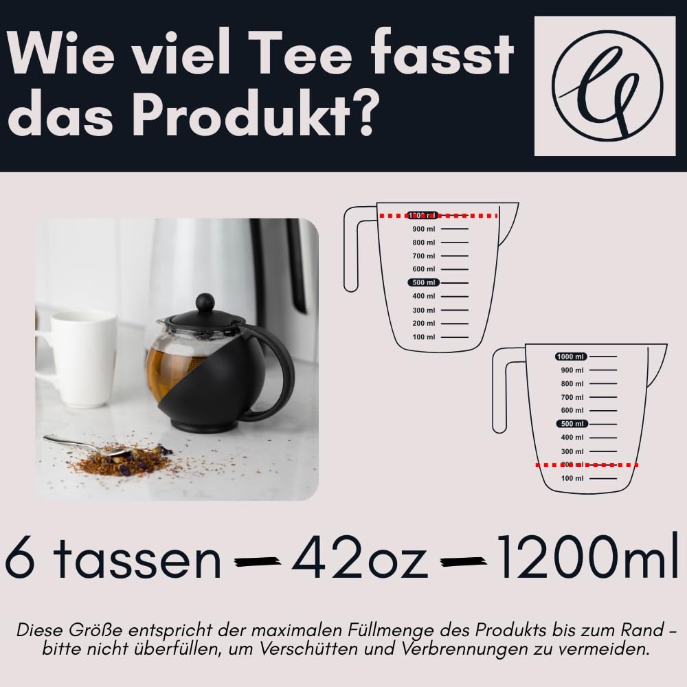 Café Olé Grunwerg Café Ole Loose Leaf Everyday Round Teekanne Infuser Basket Glas Teekanne, Schwarz, 1.20 Liter, 1200ml / 1.2