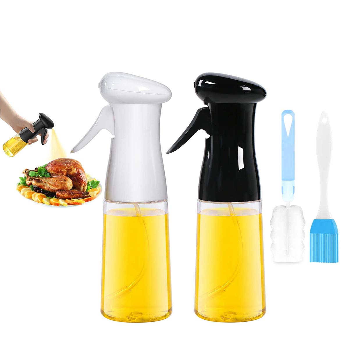 CBGGQ 2 Pack Olive Oil Sprayer, Oil Spray for Cooking, BBQ Cooking Spray Bottle, 7 oz / 210 ml Oil Sprayer Bottle, for Kitchen, Cooking, BBQ, Baking, Grilling, Roasting, Salad, with Brush(Black+White)