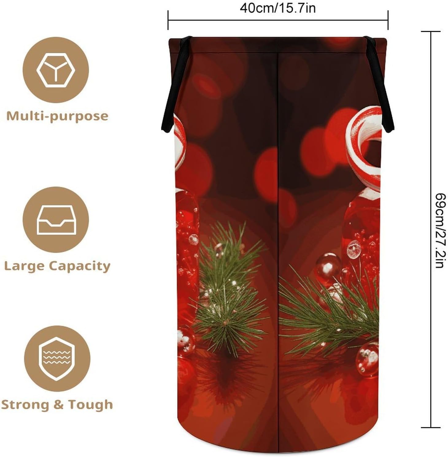 Red Christmas CandyLaundry Hamper - Large Dirty Clothes Bag.Storage Basket for Easy Carry Handles. Large Clothes Basket with Handles, Clothing Storage Bucket Toy Organizer for Bathroom Bedroom Dorm.