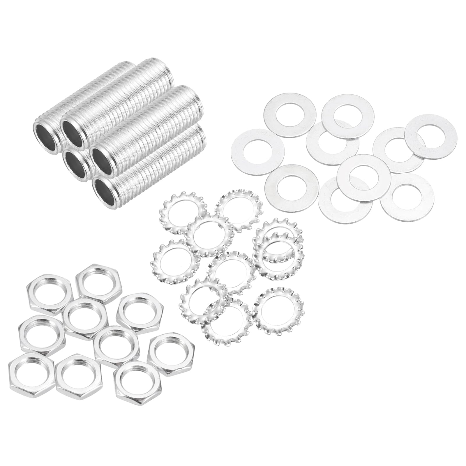 sourcing map 35Pcs 1.4" Lamp Pipe Nipples Kit with Hex Nuts Washers, 1/4IP All Threaded 1/2" Outer Diameter Lamp Rod Hollow Tube Fasteners for Lamp Assembly Chandelier DIY Repair, Silver
