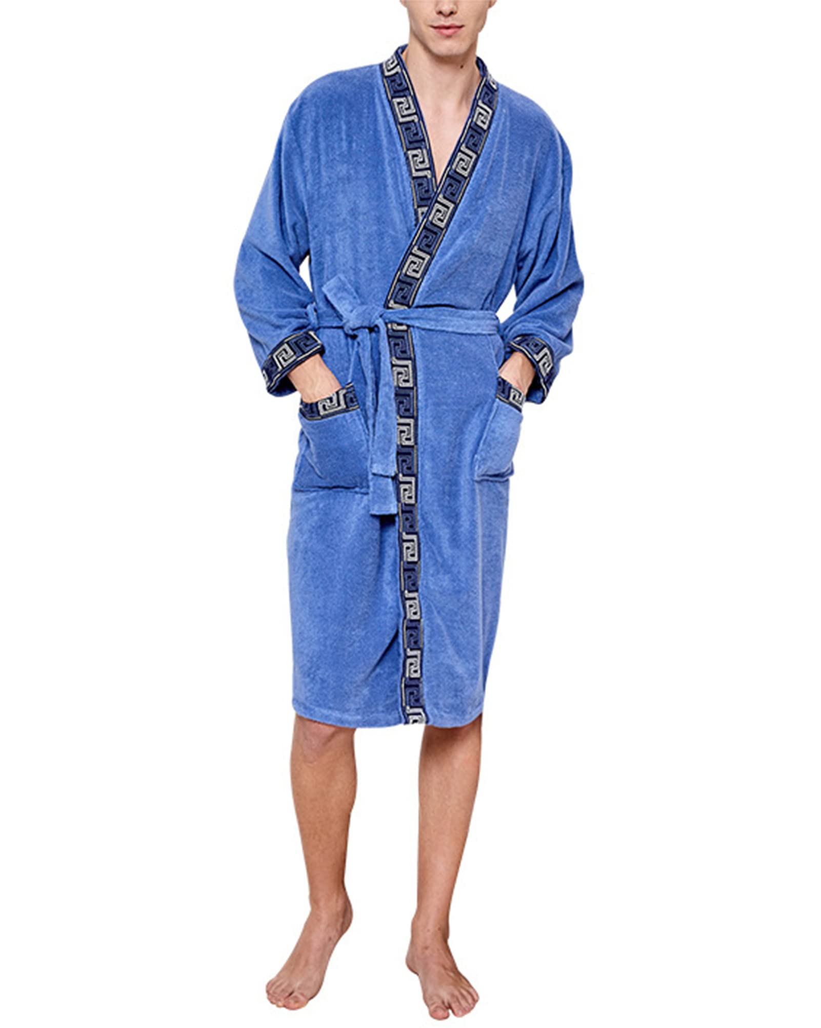 TIANQIHAO Adult Mens Bathrobe Towel Terry Cloth Women'S Soft Cotton Terry Cloth Bathrobe Velour Spa Robe With Belt,Blue-Large