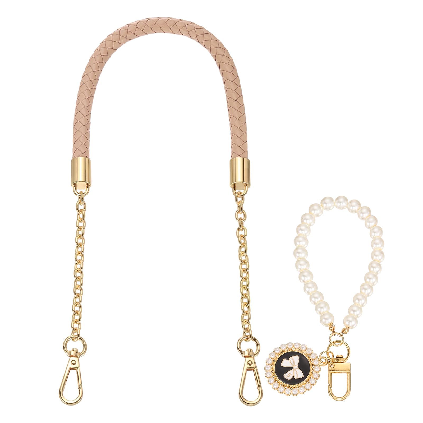 sourcing map PU Leather Chain Purse Strap, 24.4 Inch Braided Purse Handle Replacement with Pearl Pendant for Handbags Underarm Bag Tote (Smoky Pink, Light Gold Buckle)