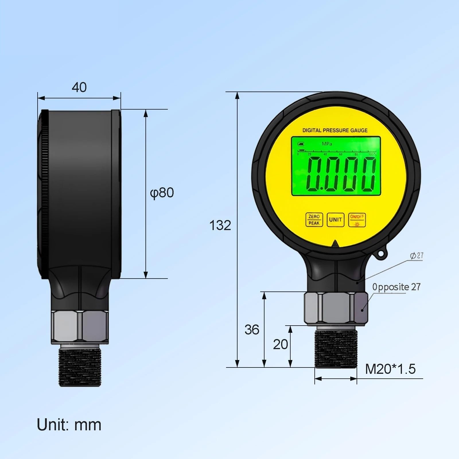 Manómetro diferencial de Gas, manómetro Digital acero inoxidable, resistente al agua, Protector goma precisión LCD, 1% FS(G1-4,0-60Mpa)