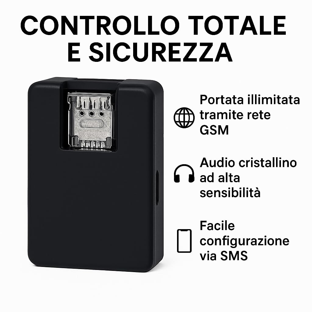 Microspia Antifurto Audio GSM – Dispositivo di Ascolto Ambientale AUDIO POTENZIATO Level 8, no GPS localizzatore, Chiamata o SMS Automatici, Ascolto LIVE a Distanza Illimitata, rete GSM (M69)