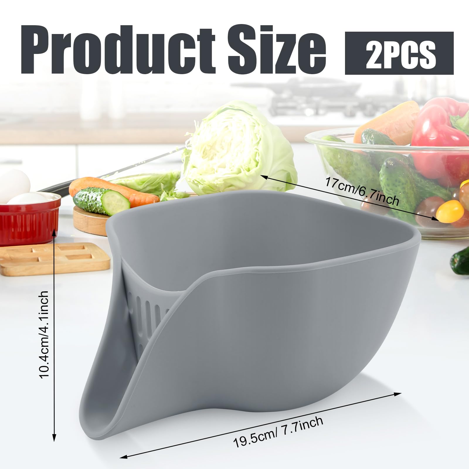 2pcs Multifunctional Silicone Drain Basket with Spout, Kitchen Sink Food Drainer Vegetable Strainer Drainage Basket Funnel, Fruit Cleaning Colander Bowl Pasta Washing Strainer Rinser Accessory (Gray)