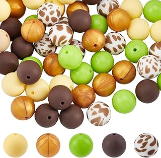 SUNNYCLUE 1 Caja de 50 Piezas de 5 Estilos de Cuentas de Silicona Juego de Cuentas de Goma de 15mm Color Amarillo Verde Suave Redondo con Estampado de Leopardo Espaciador Suelto Cuentas para Hacer Jo