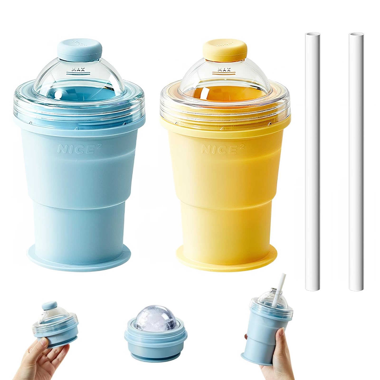 ZenoChill 2 in 1 Ice Ball Maker, 2 Pack Collapsible Cup with Lid and Straw