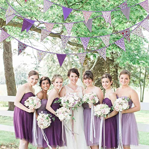 Image of Zwiebeco 39Ft Purple Floral Fabric Bunting Banner Triangle Flag Party Decorations Hanging Cotton Rustic Vintage Flowers Garland Pennant for Wedding Birthday Tea Nursery Home Outdoor Garden Supplies