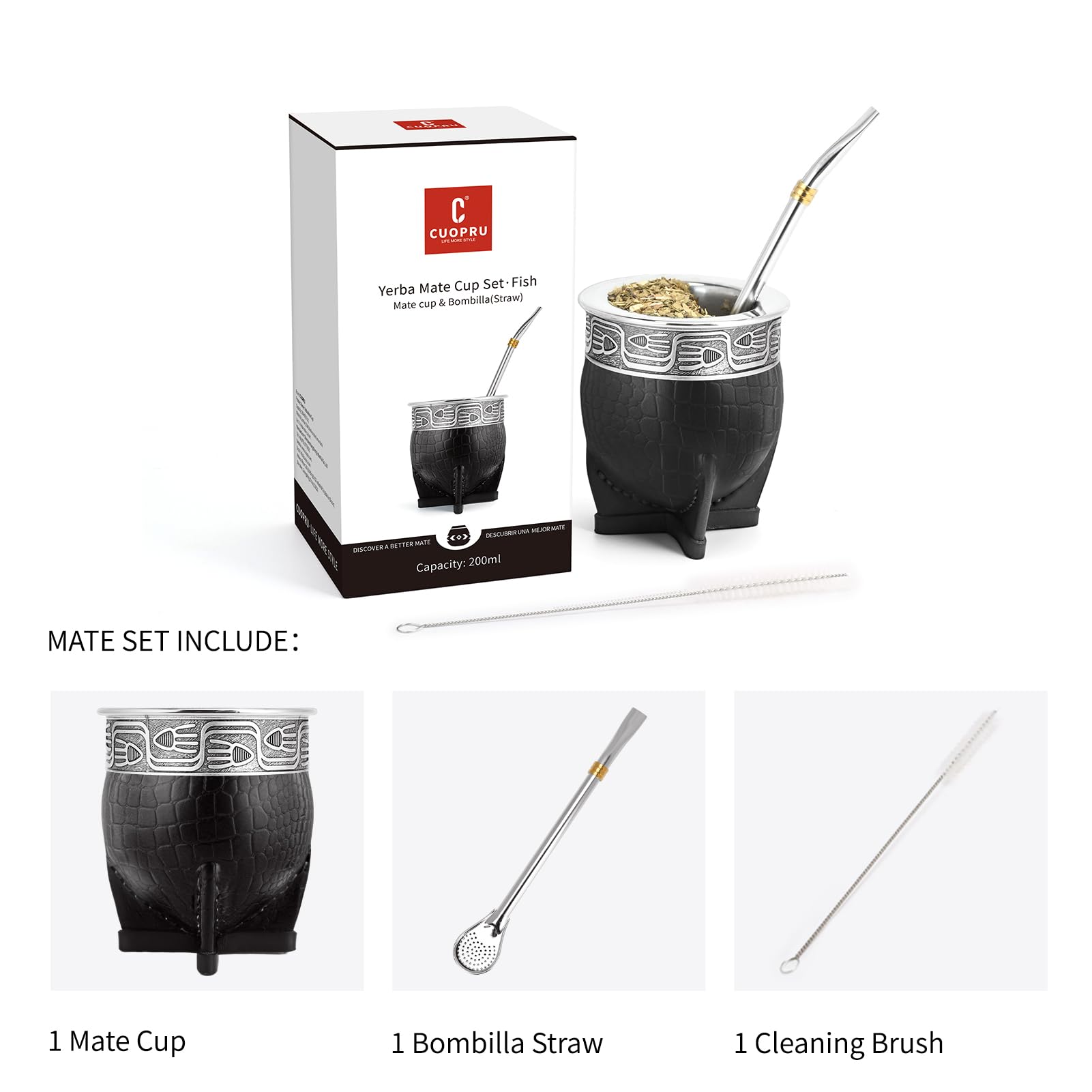 Imperial Mate - Set zucca con bombilla, tazza da tè Yerba Mate, cannuccia e spazzola per la pulizia inclusi, Guarda Rupestre - Fish Style (nero)