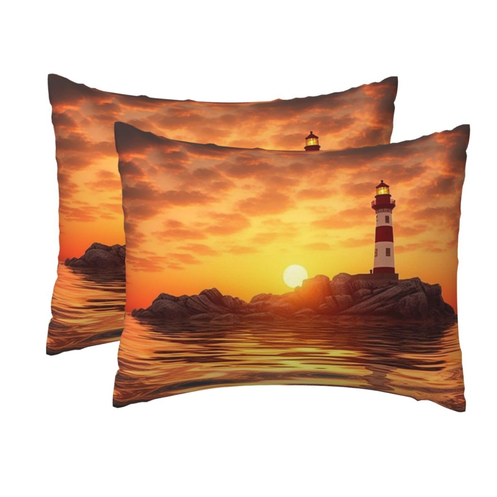 2 Pack Standard Size Pillow Cases for Hair and Skin Soft Breathable Pillow Case Covers with Hidden Zipper Sea Lighthouse in Sunset Pillowcase 20x26 Inches Pillow Cover for Sleeping Gift
